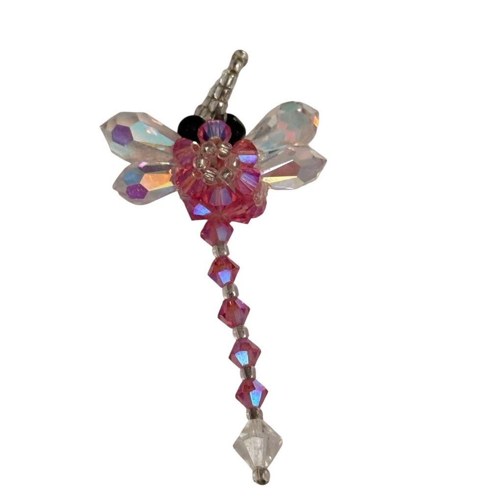 Dragonfly Faceted Beaded Pendant Aurora Borealis Handmade Pink - Picture 6 of 7